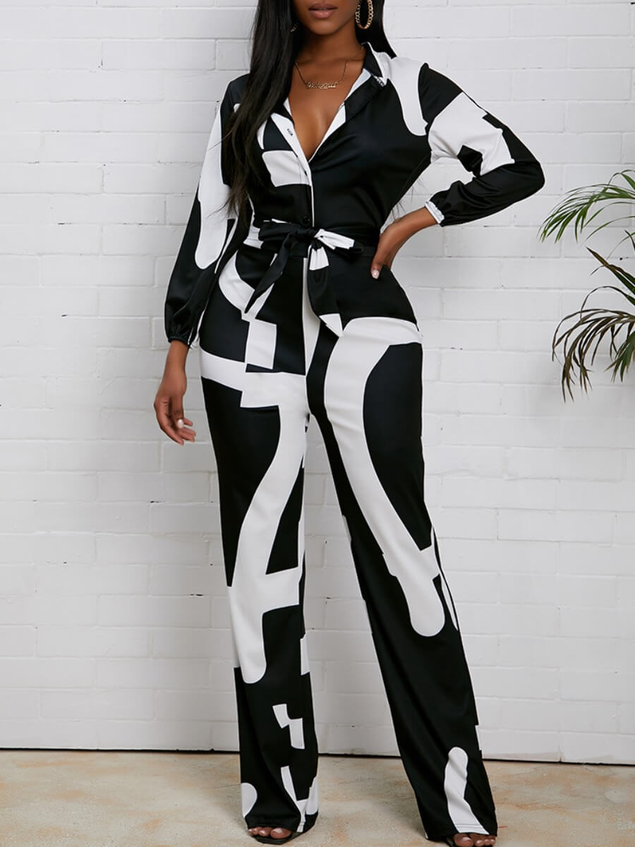 

Lovely Stylish Mandarin Collar Print Black One-piece Jumpsuit