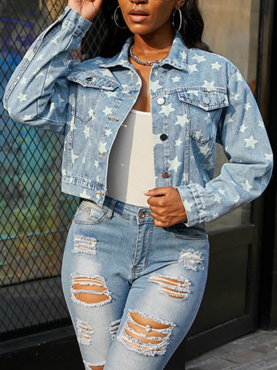 

Lovely Stylish Turndown Collar Pentagram Print Blue Denim Jacket