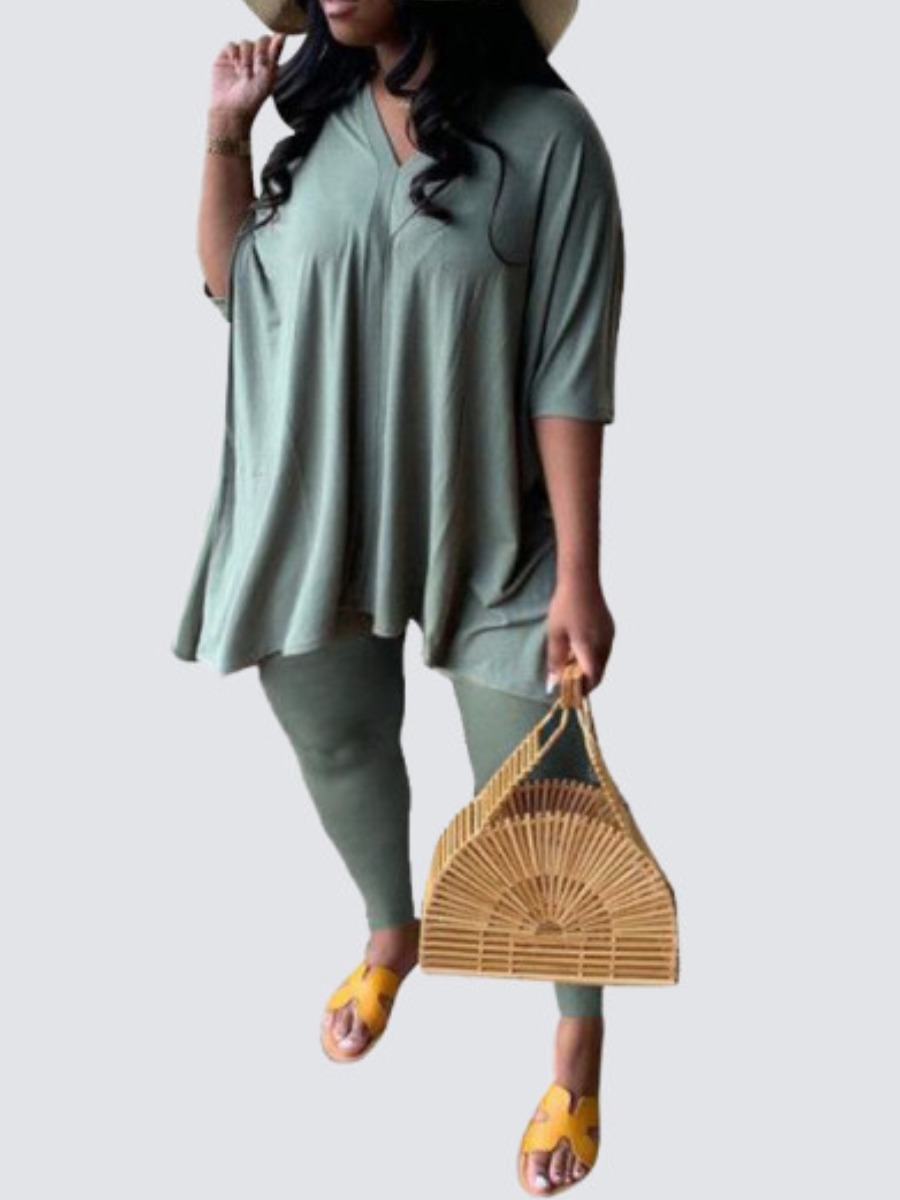 

lovely Casual V Neck Side Slit Green Plus Size Two-piece Pants Set