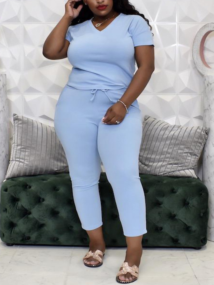 

lovely Casual V Neck Basic Blue Plus Size Two-piece Pants Set