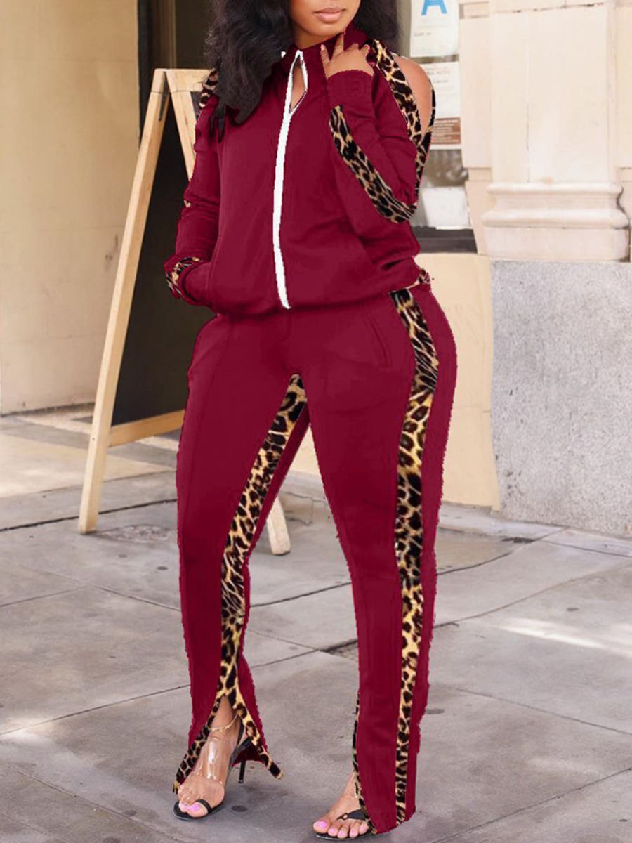 

LW Plus Size Zipper Design Patchwork Tracksuit Set, Wine red