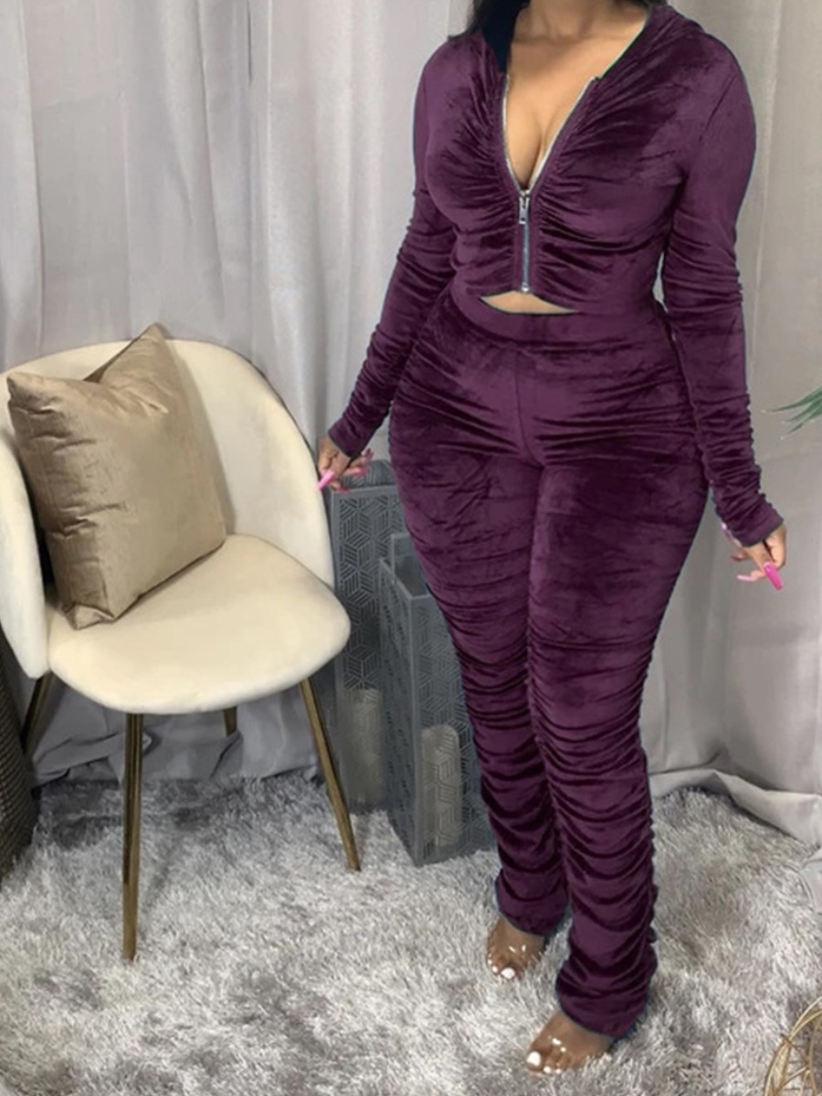 

lovely Trendy Fold Zipper Design Purple Two Piece Pants Set