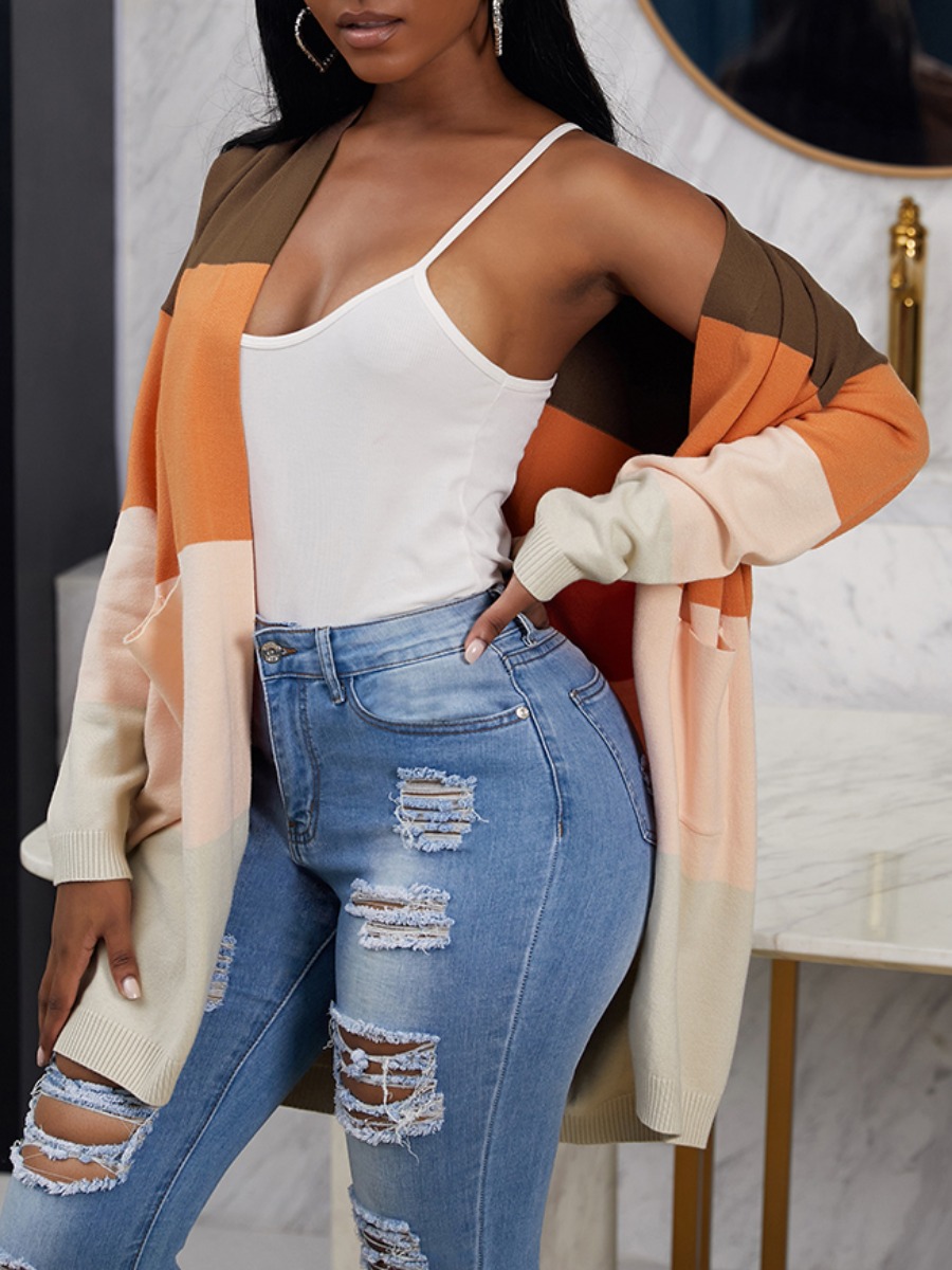 

lovely Casual Color-lump Patchwork Brown Cardigan