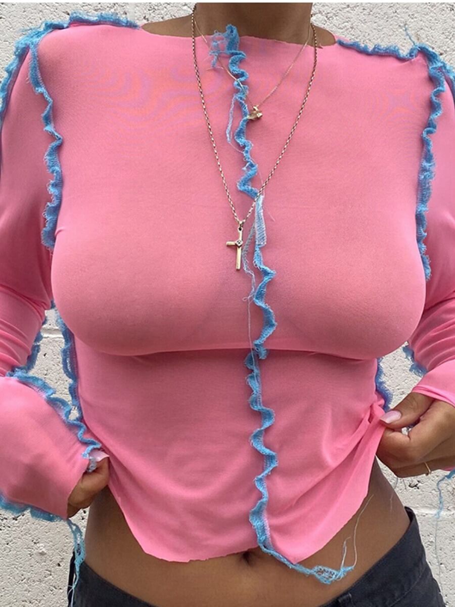 

Lovely Street O Neck Patchwork Pink T-shirt
