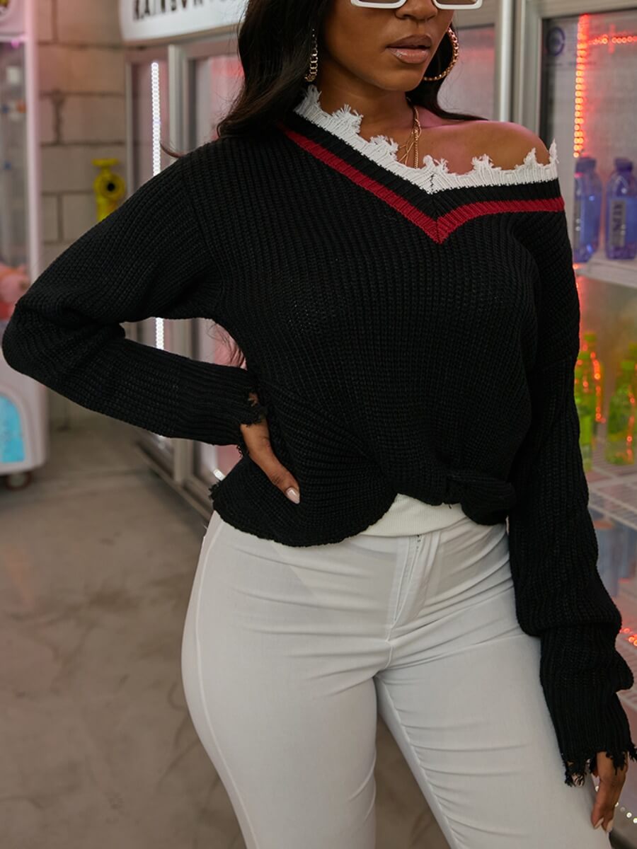 

Lovely Casual V Neck Patchwork Black Sweater
