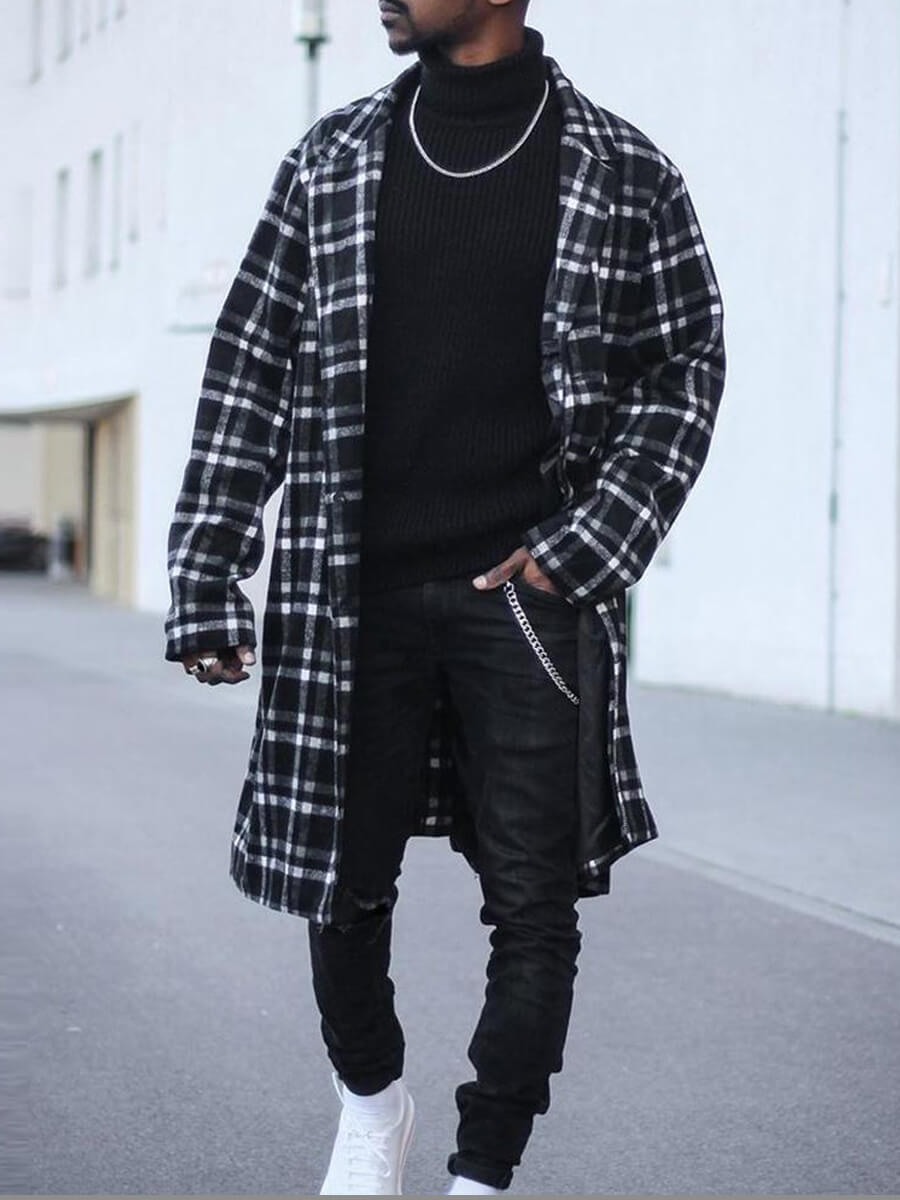

Lovely Trendy Turndown Collar Grid Print Black Men Wool