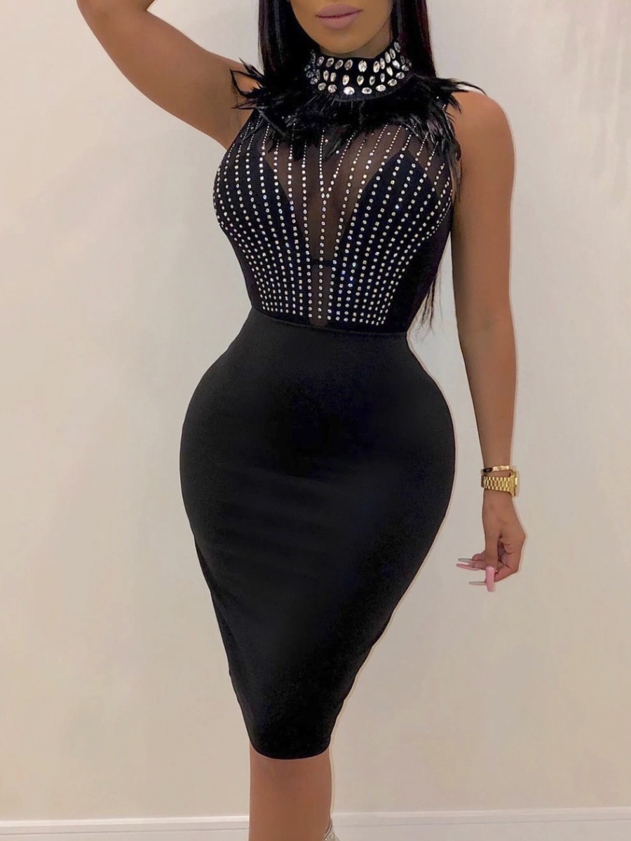 

lovely Sexy Turtleneck Patchwork Black Knee Length Dress