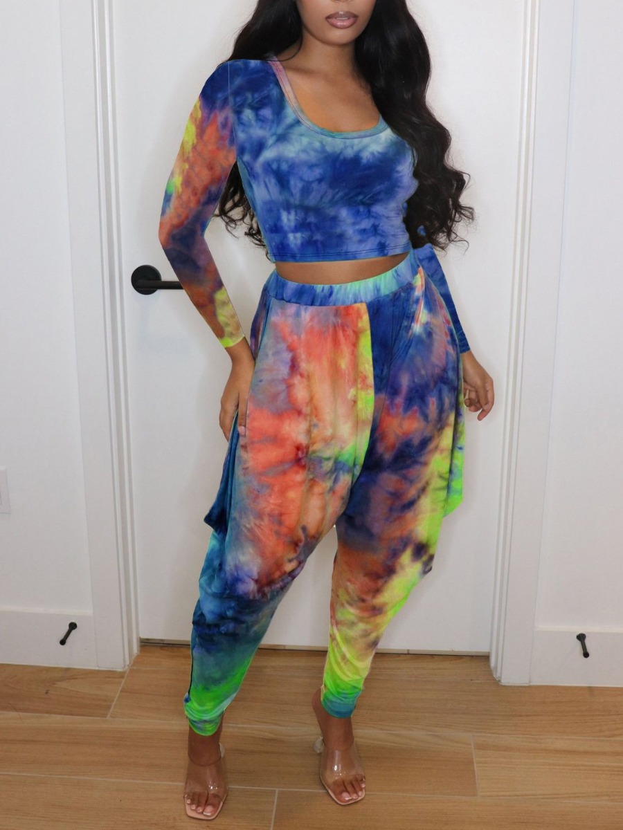 

lovely Stylish U Neck Tie Dye Blue Two Piece Pants Set