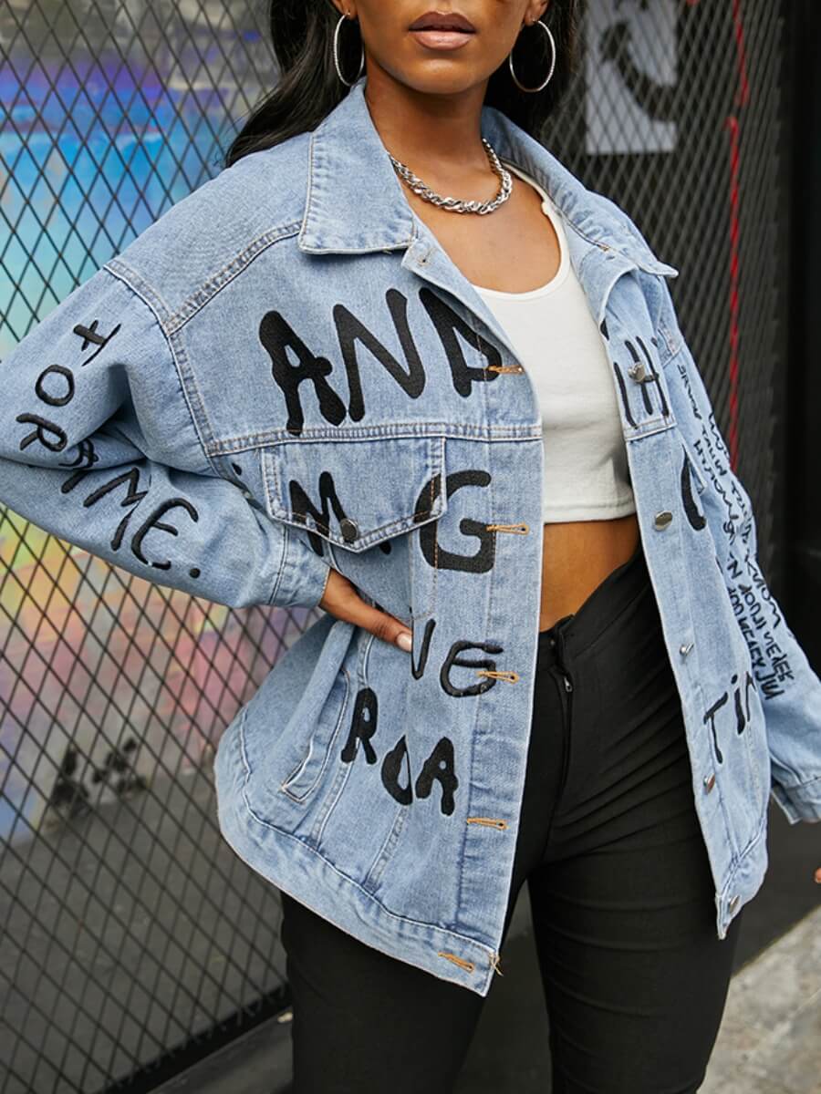 

Lovely Stylish Turndown Collar Letter Print Blue Denim Jacket