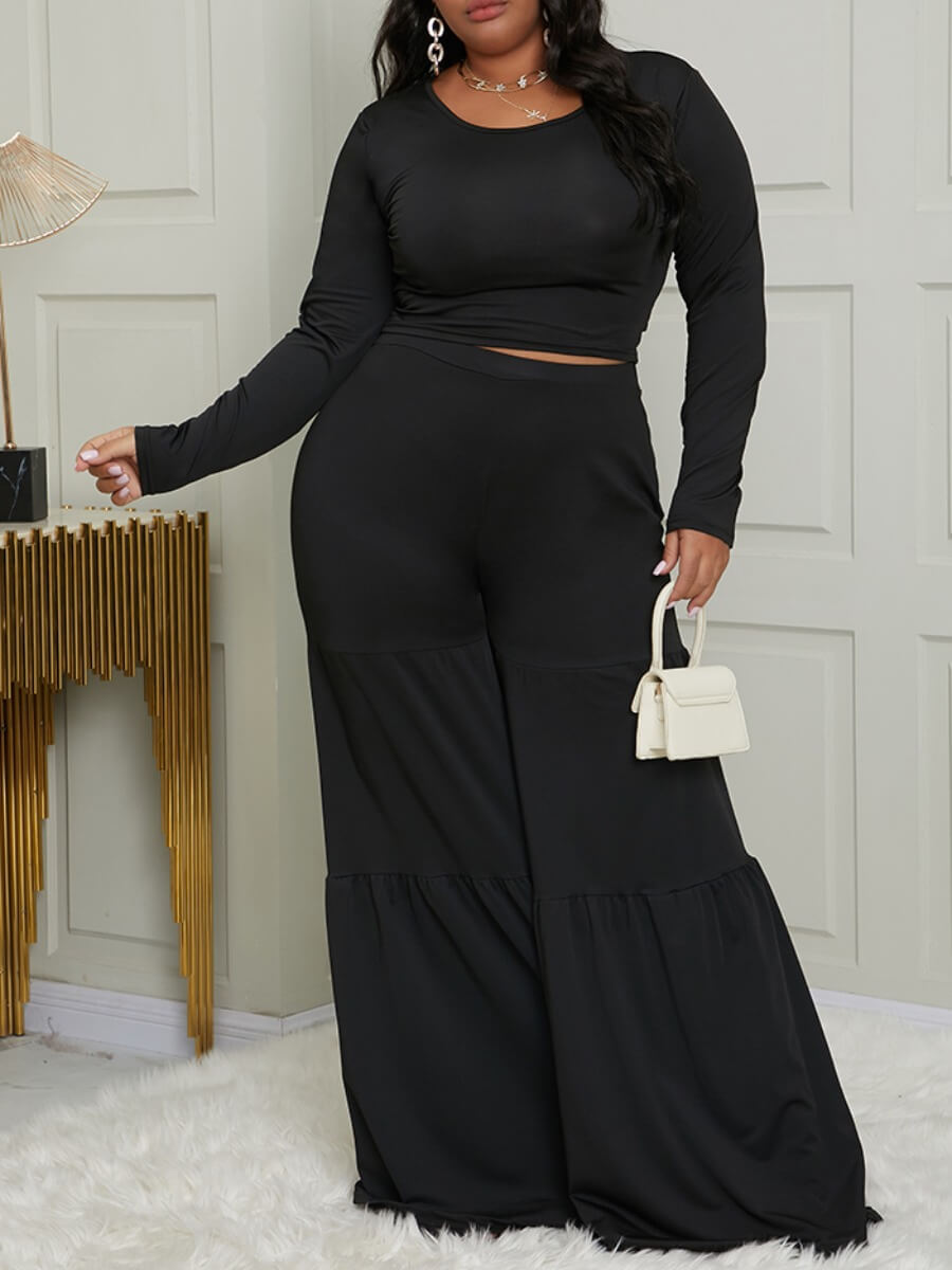 

Lovely Stylish O Neck Basic Black Plus Size Two-piece Pants Set