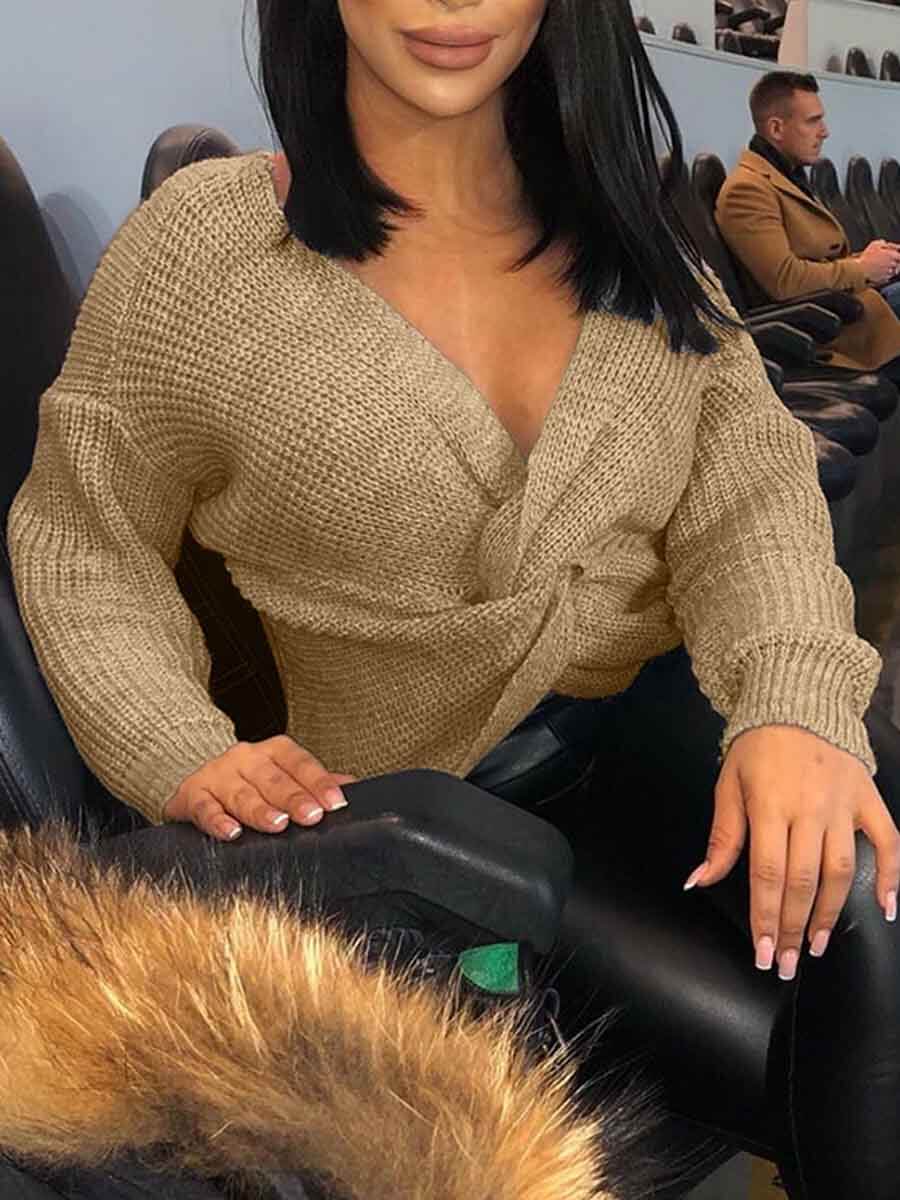 

Lovely Stylish V Neck Knot Design Apricot Sweater