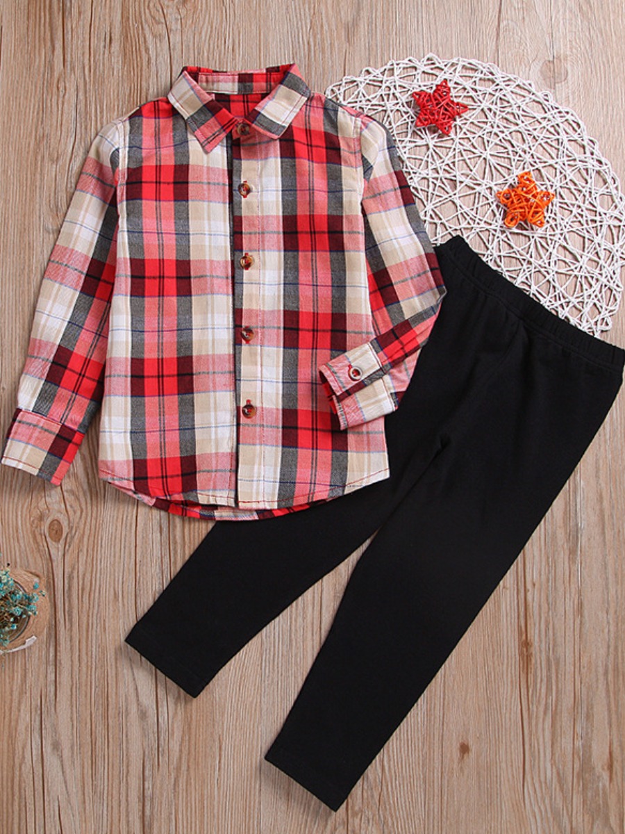 

lovely Casual Shirt Collar Grid Print Red And White Girl Two-piece Pants Set, Red and white square