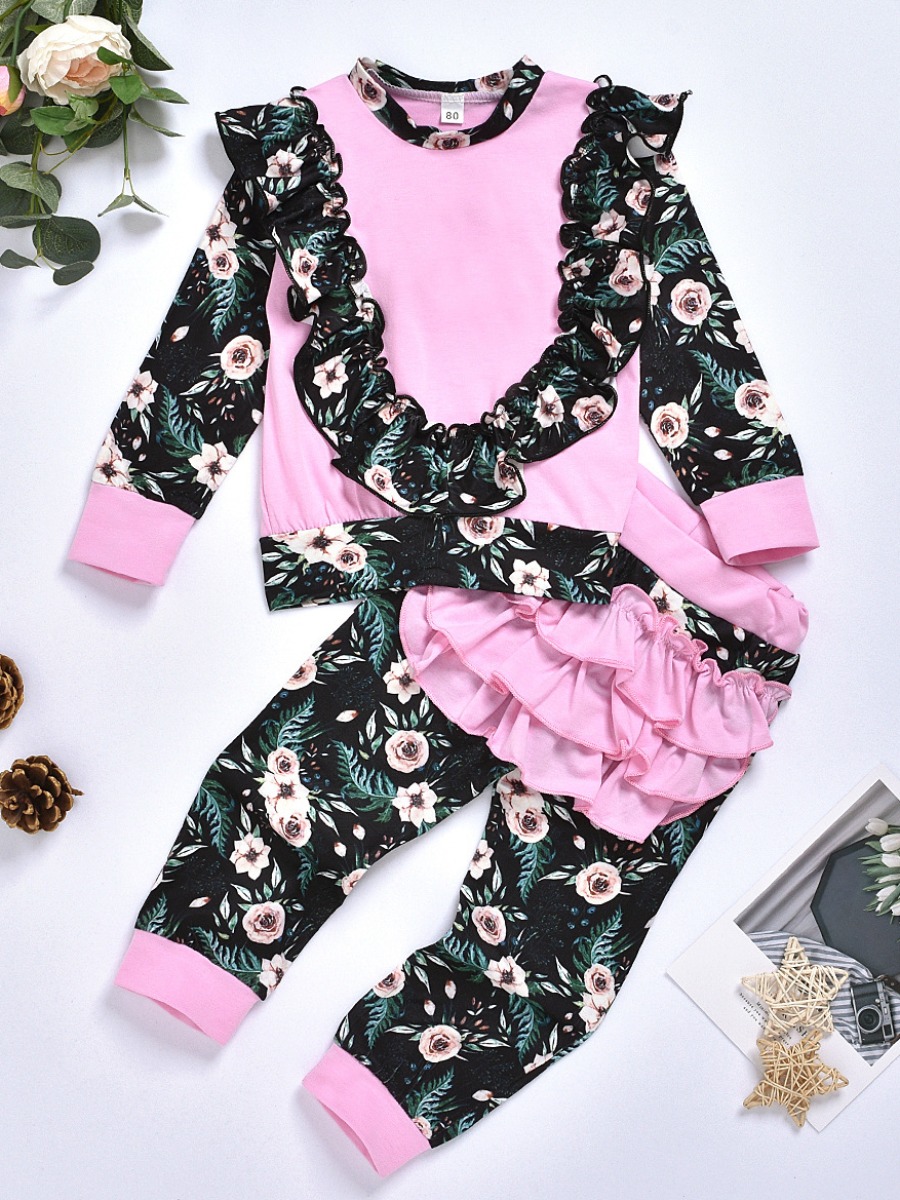 

lovely Sweet O Neck Floral Print Patchwork Multicolor Girl Two-piece Pants Set, Multi