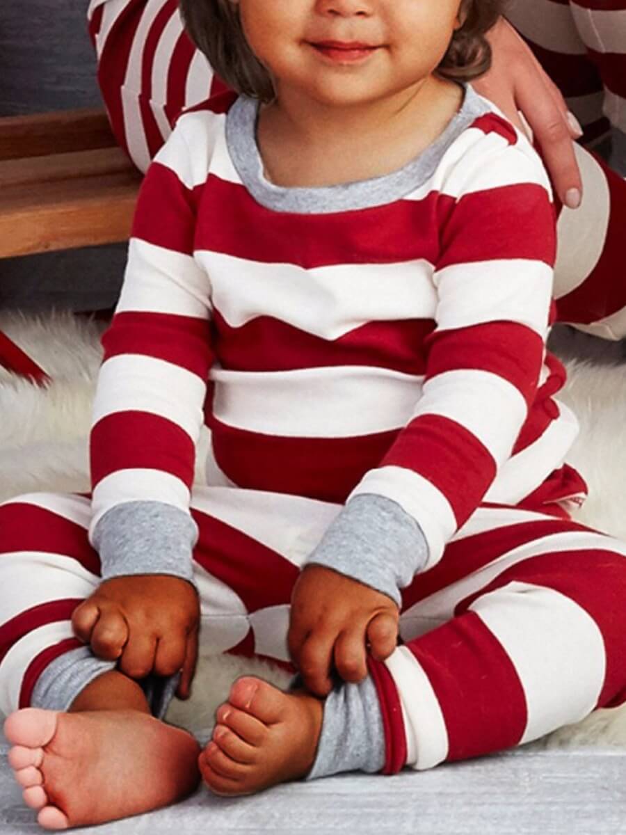 

Lovely Trendy O Neck Striped Red Boy Two-piece Pants Set, Red stripe