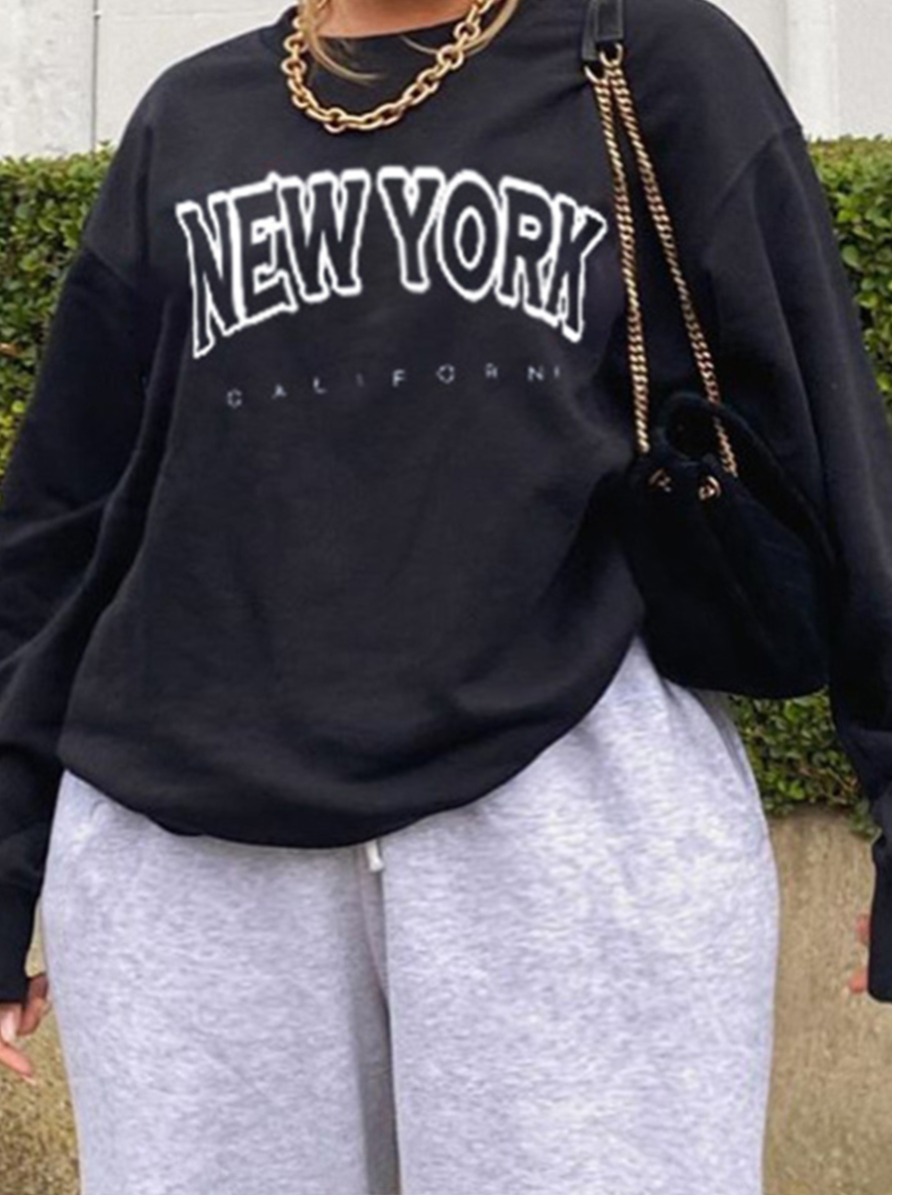 

lovely Casual O Neck Letter Print Black Plus Size Hoodie