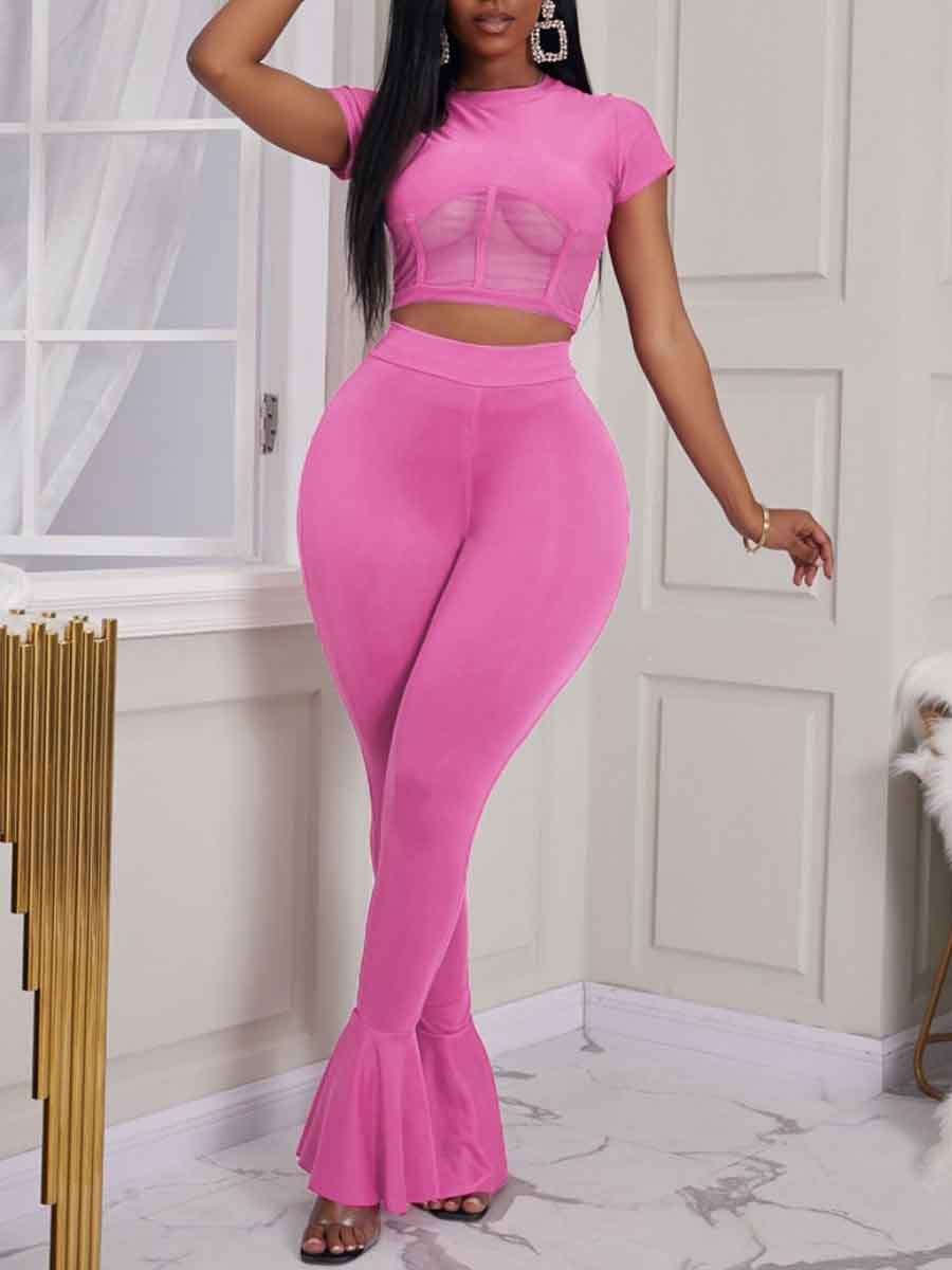 

Lovely Stylish Patchwork See-through Rose Red Two Piece Pants Set