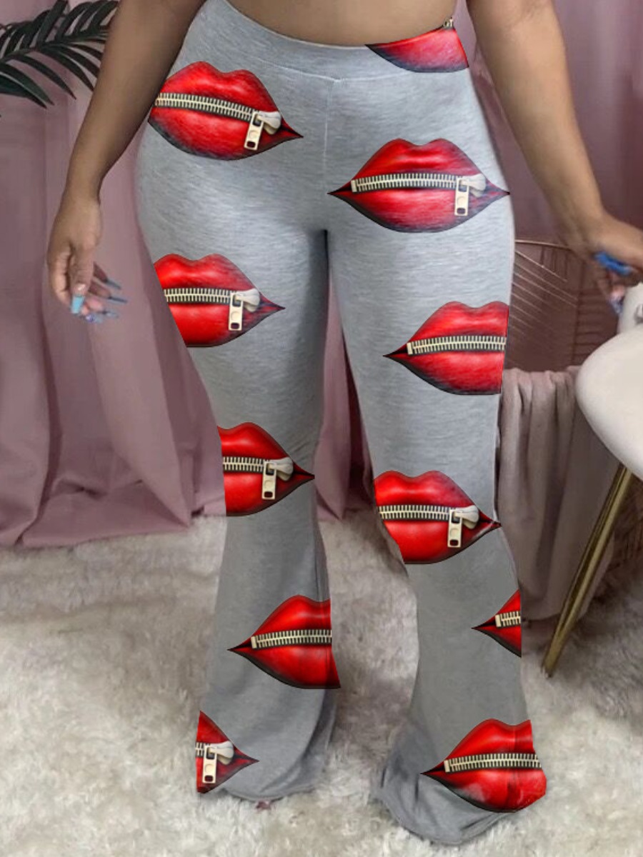 

lovely Casual Lip Print Grey Plus Size Pants
