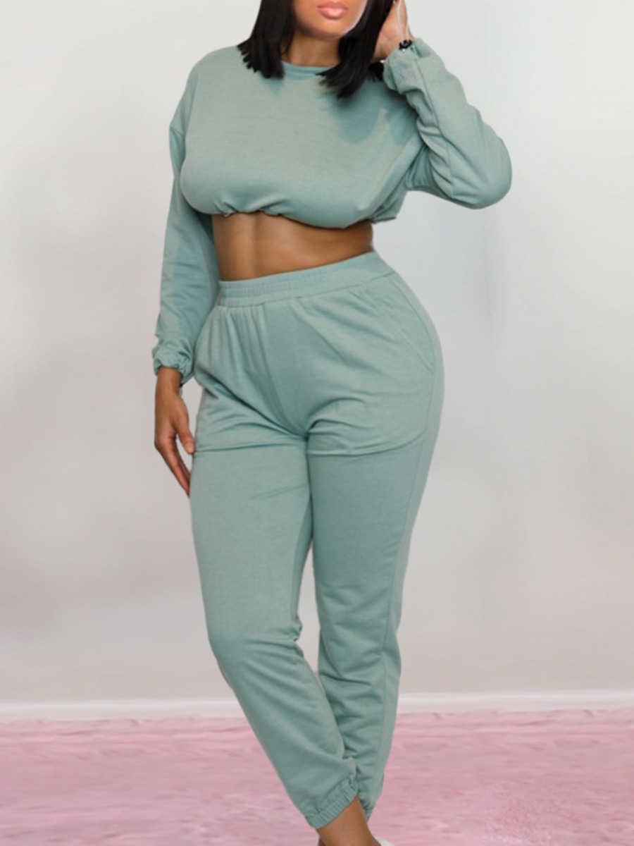 

lovely Casual O Neck Basic Green Plus Size Two-piece Pants Set