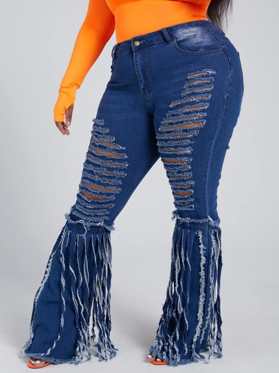 

Lovely Trendy Broken Holes Tassel Design Blue Plus Size Jeans