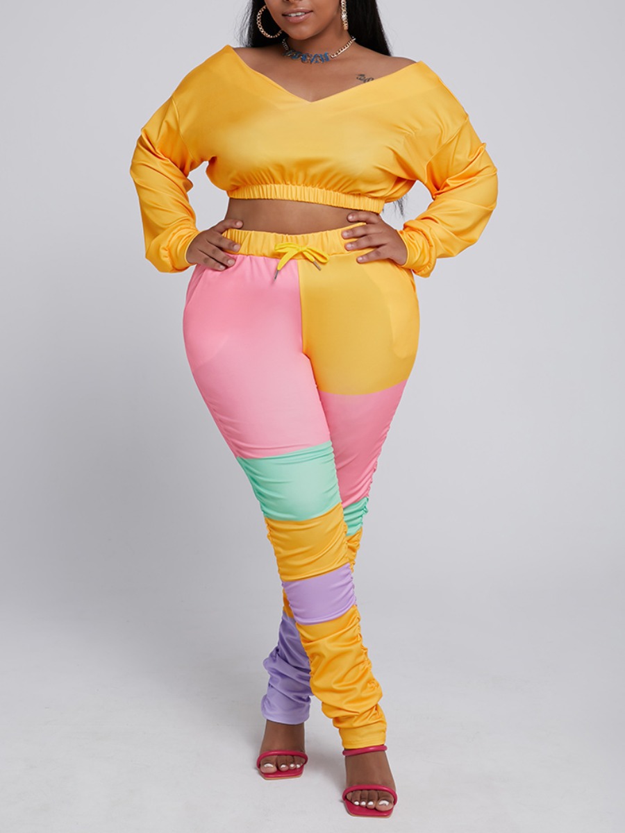 

lovely Sportswear Dew Shoulder Patchwork Yellow Plus Size Two-piece Pants Set