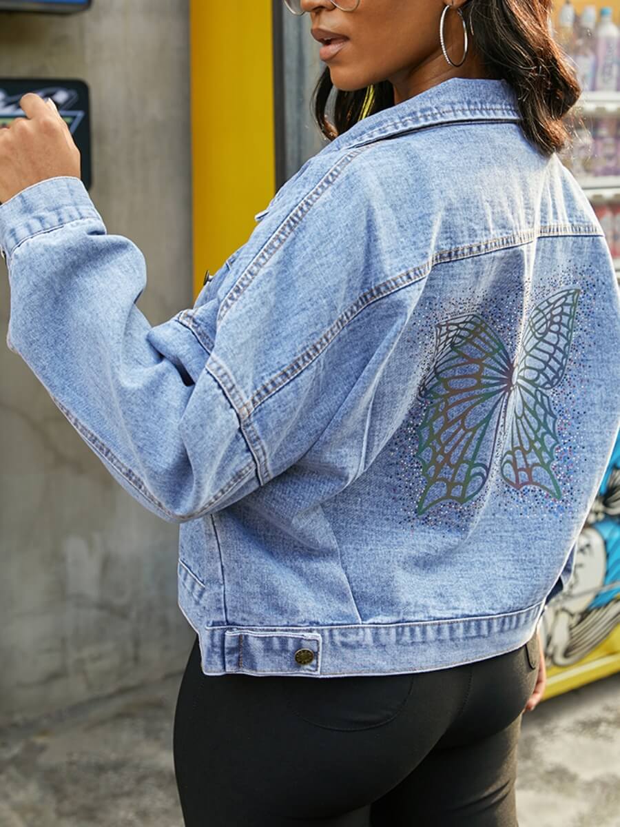 

Lovely Casual Turndown Collar Butterfly Print Blue Denim Jacket