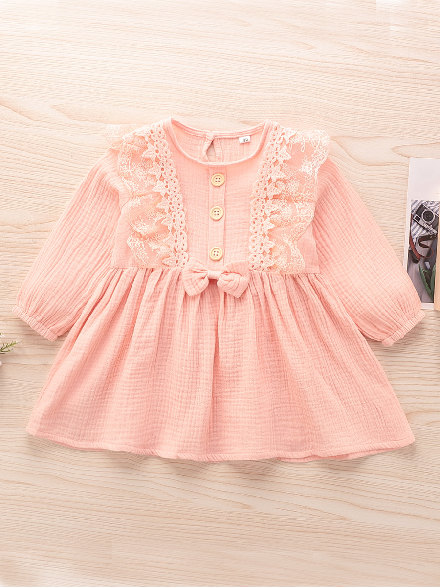 

lovely Sweet O Neck Lace Patchwork Pink Girl Knee Length Dress