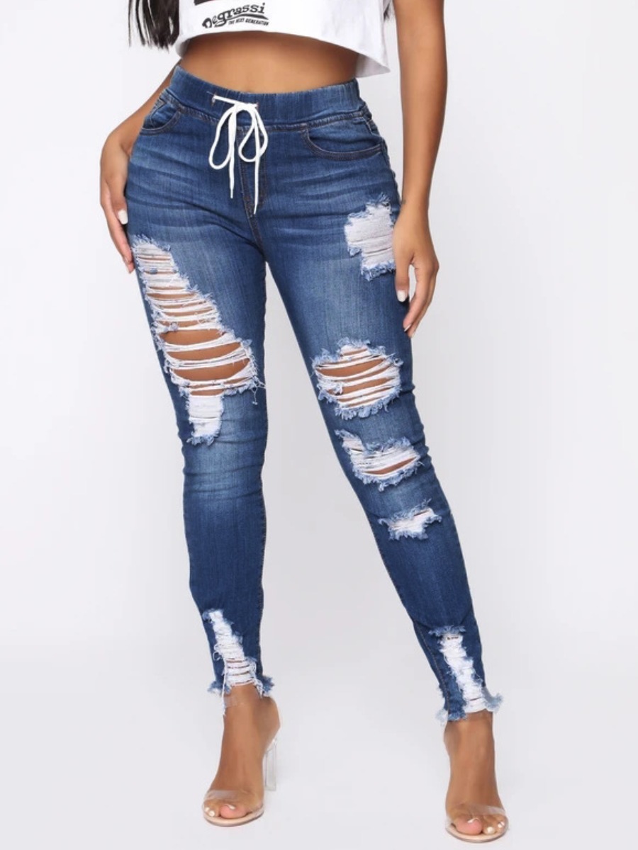 

lovely Stylish Broken Holes Deep Blue Jeans