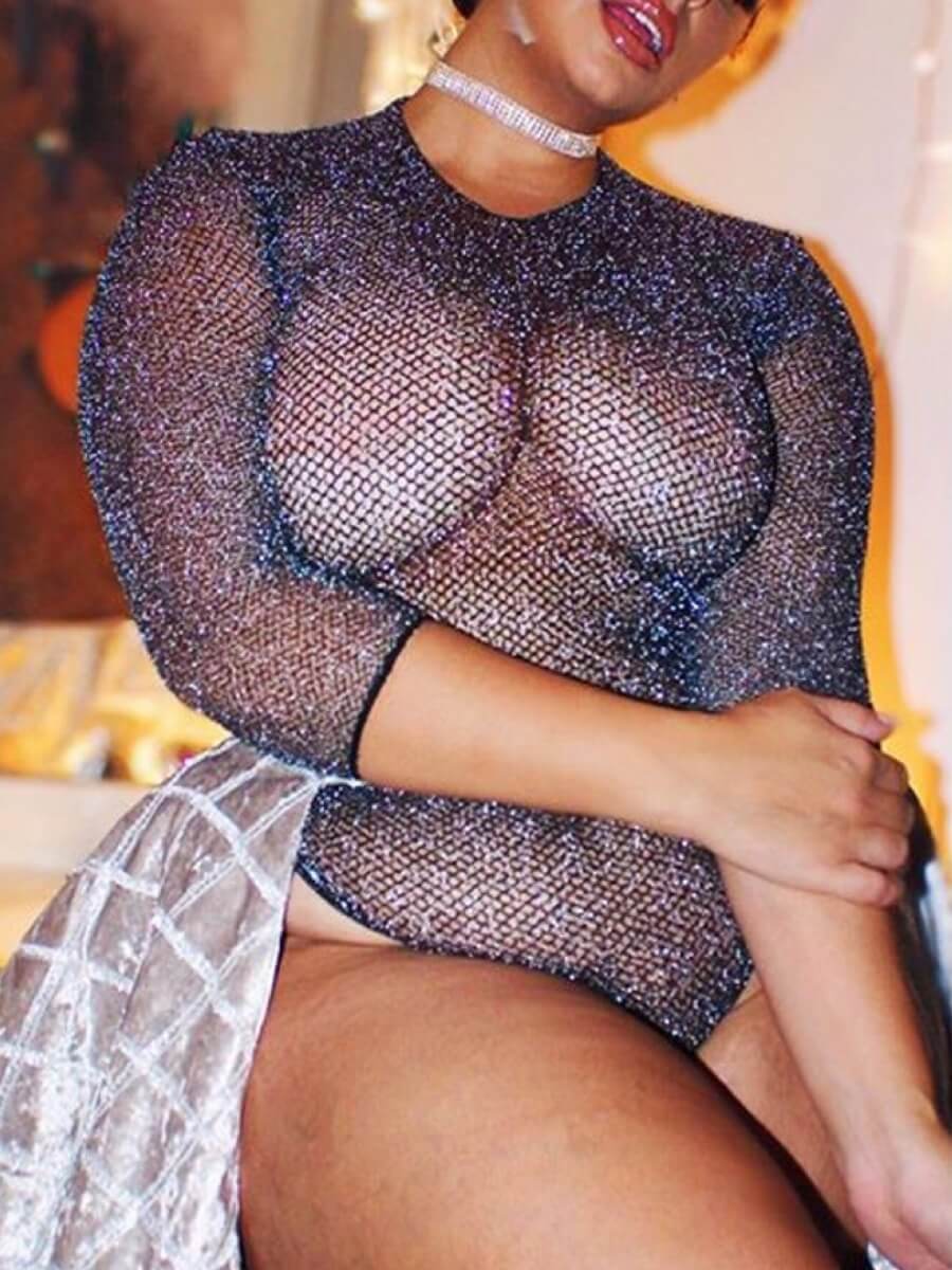 

Lovely Plus Size Sexy See-through Deep Blue Bodysuit