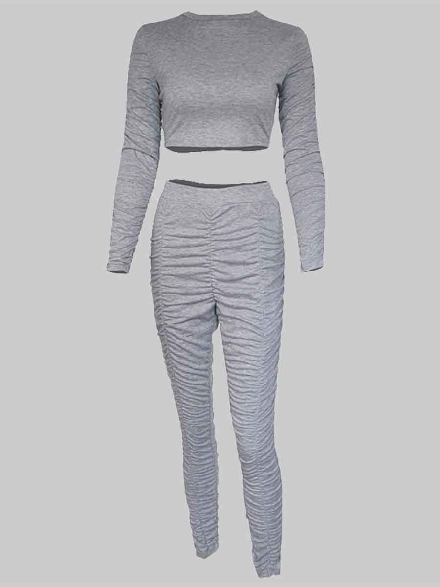 

Lovely Casual O Neck Fold Design Grey Plus Size Two-piece Pants Set