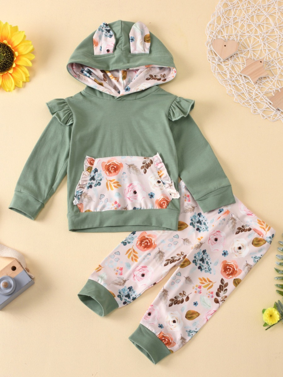 

lovely Sportswear Hooded Collar Plants Print Patchwork Light Green Girl Two-piece Pants Set