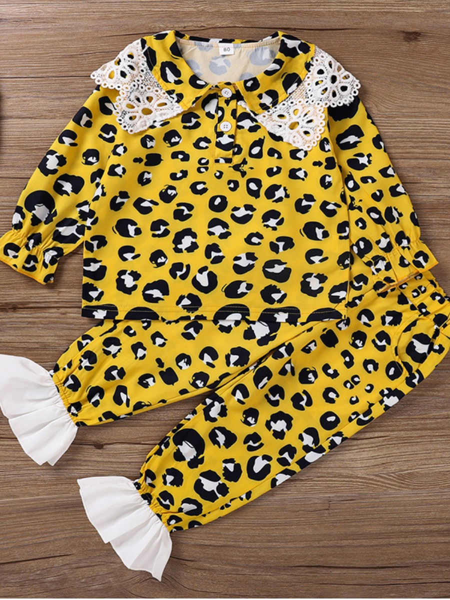 

lovely Stylish Print Lace Hem Yellow Girl Two-piece Pants Set