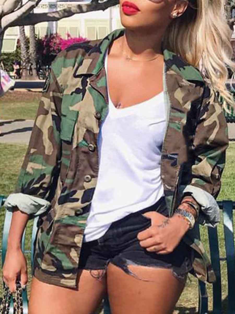 

Lovely Stylish Turndown Collar Camo Print Plus Size Coat