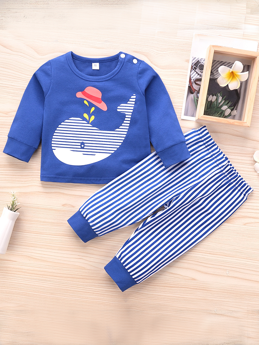 

lovely Sweet O Neck Cartoon Print Blue Boy Two-piece Pants Set