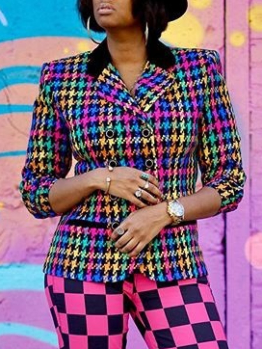 

lovely Stylish Turndown Collar Grid Print Multicolor Blazer, Multicolor lattices