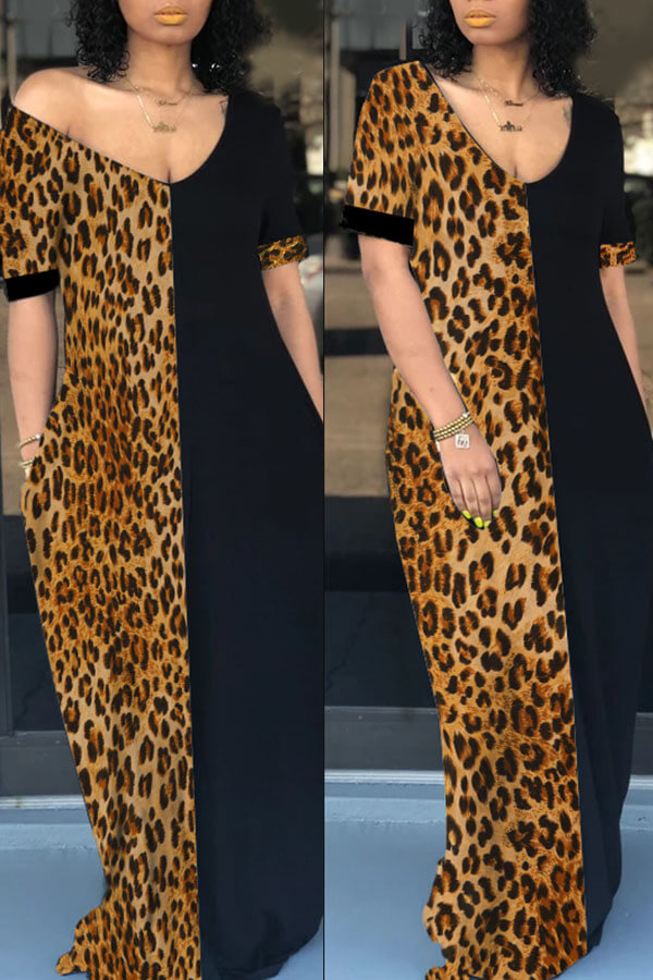 

LW Casual Patchwork Leopard Printed Floor Length T-shirt Dress
