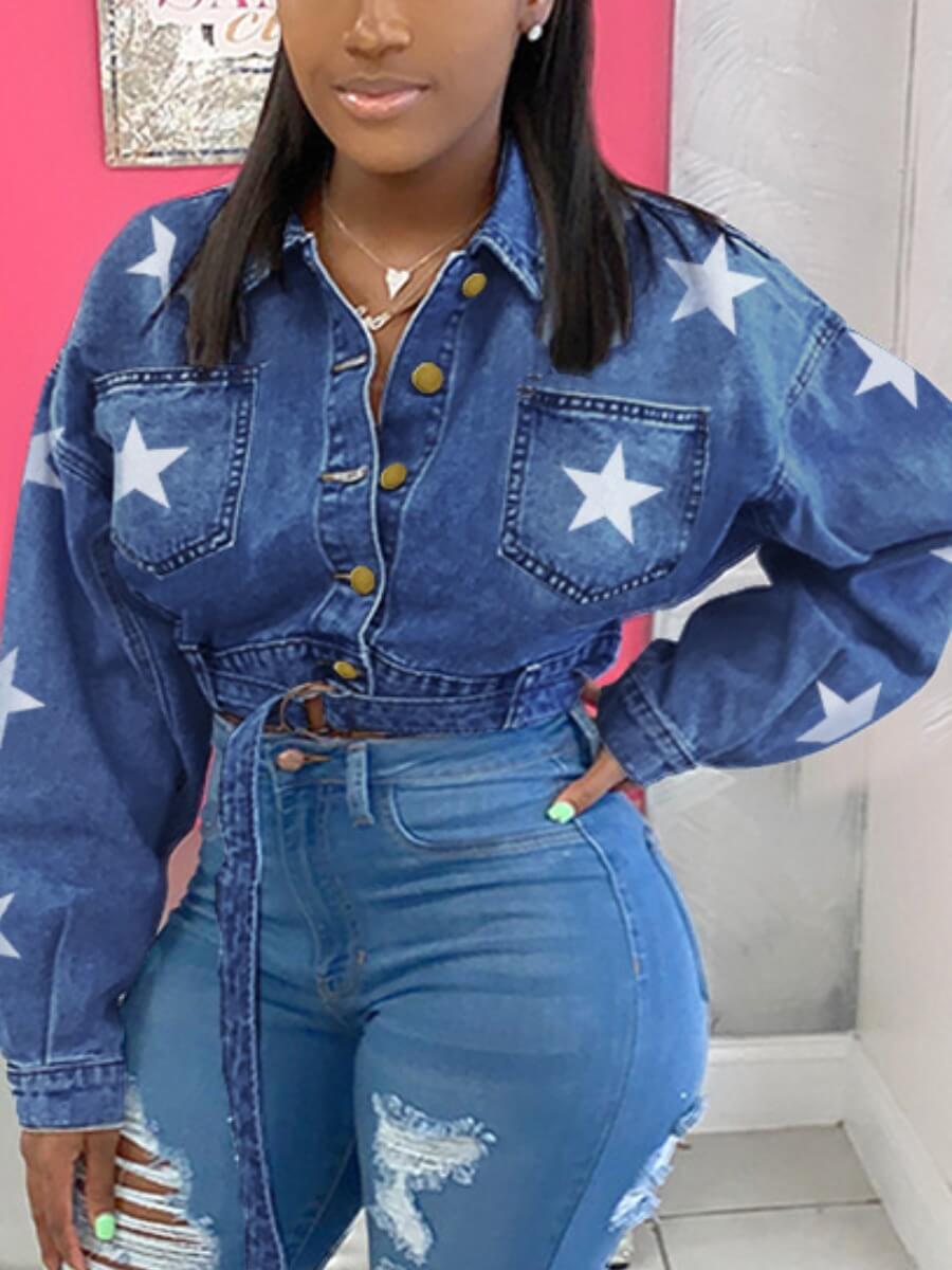

Lovely Casual Turndown Collar Pentagram Print Blue Denim Jacket