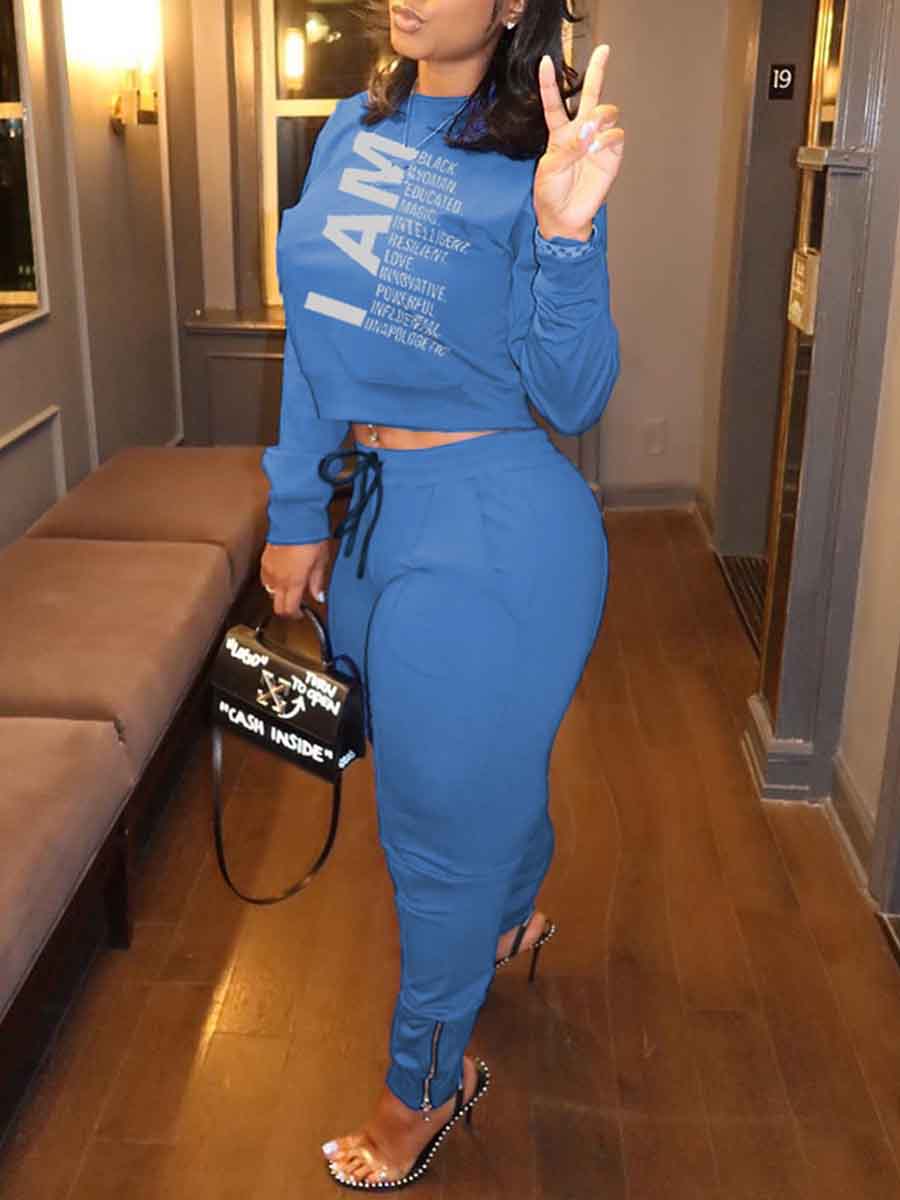 

lovely Casual O Neck Letter Print Blue Plus Size Two-piece Pants Set