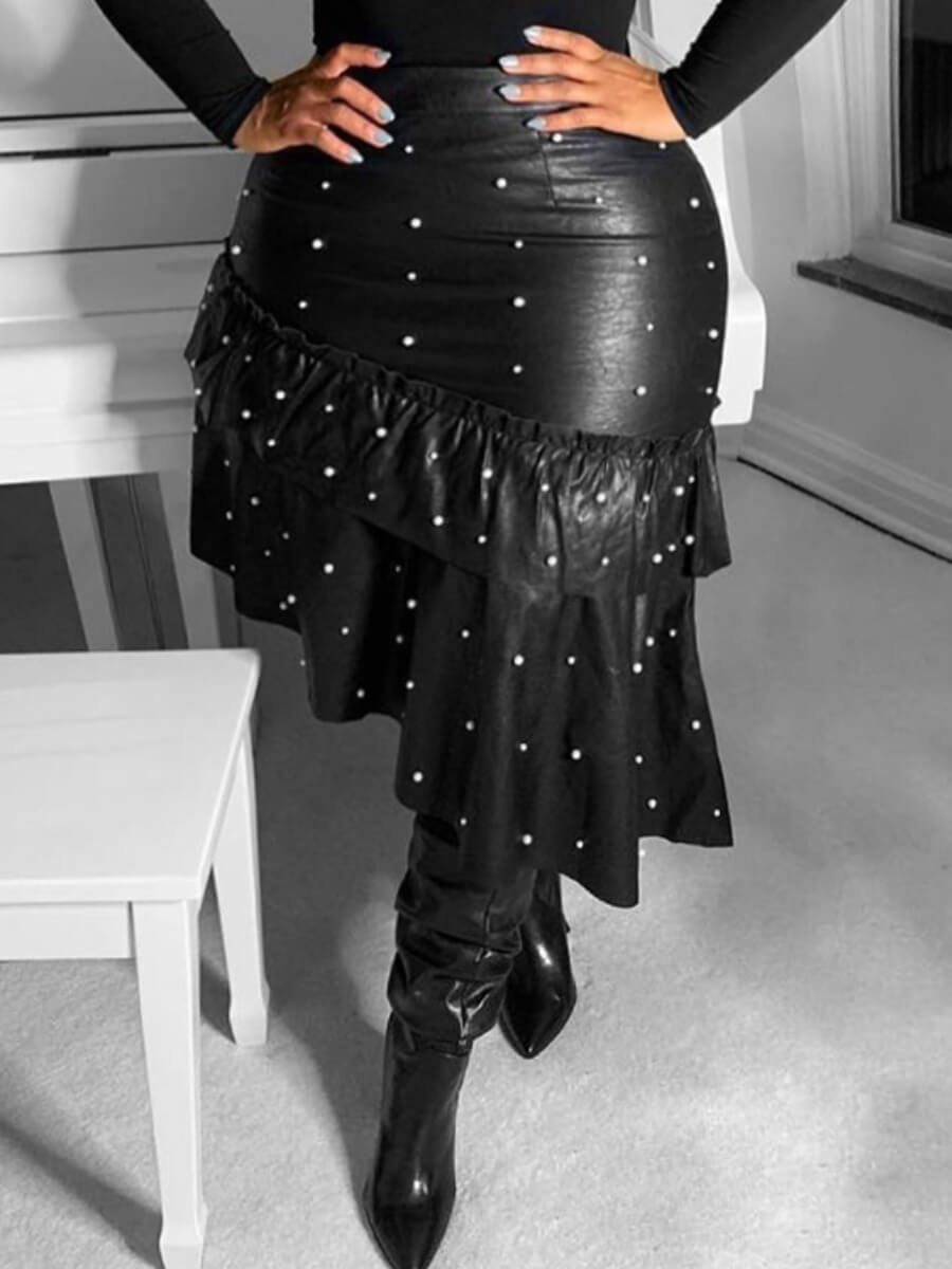 

Lovely Trendy Dot Print Flounce Design Black Plus Size Skirt