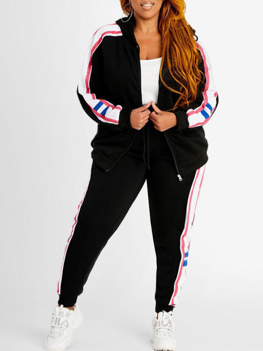 

lovely Casual Turndown Collar Patchwork Zipper Design Black Plus Size Two-piece Pants Set