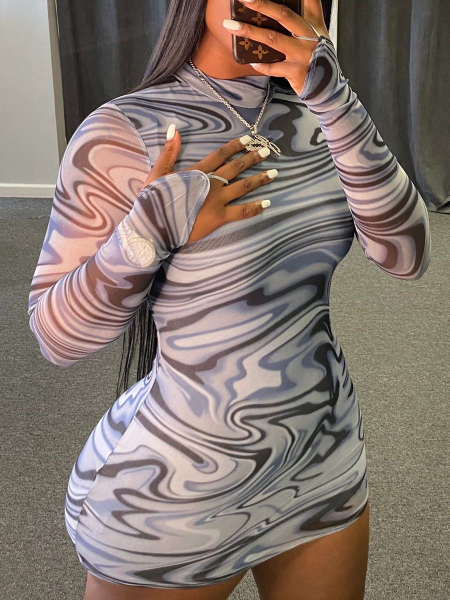 

Lovely Trendy Striped Print Baby Blue Mini Plus Size Dress