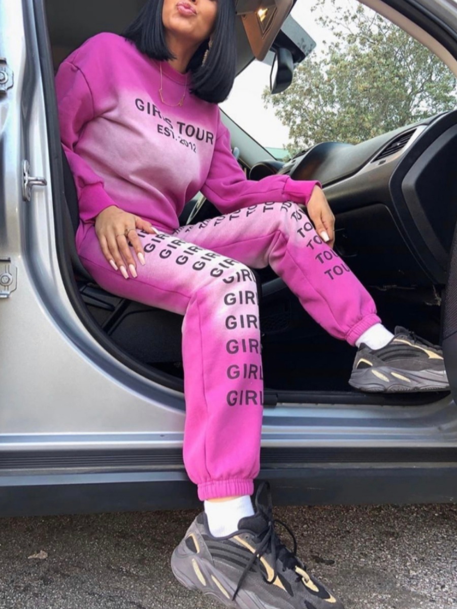 

lovely Sportswear O Neck Letter Print Pink Two Piece Pants Set