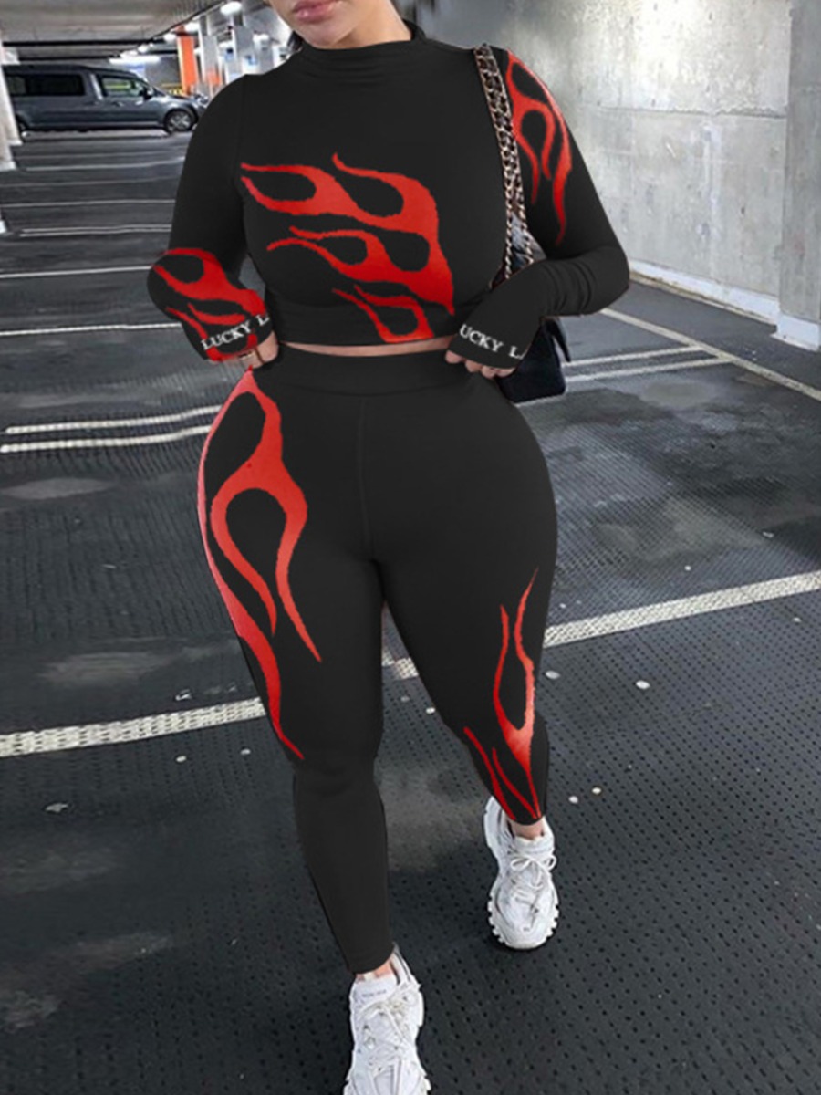 

lovely Sportswear Print Skinny Black Plus Size Two-piece Pants Set