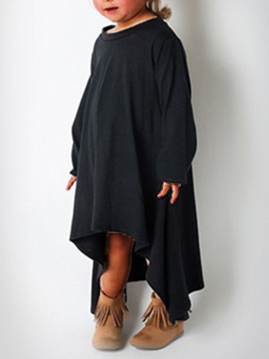 

lovely Casual O Neck Asymmetrical Loose Black Girl Ankle Length Dress