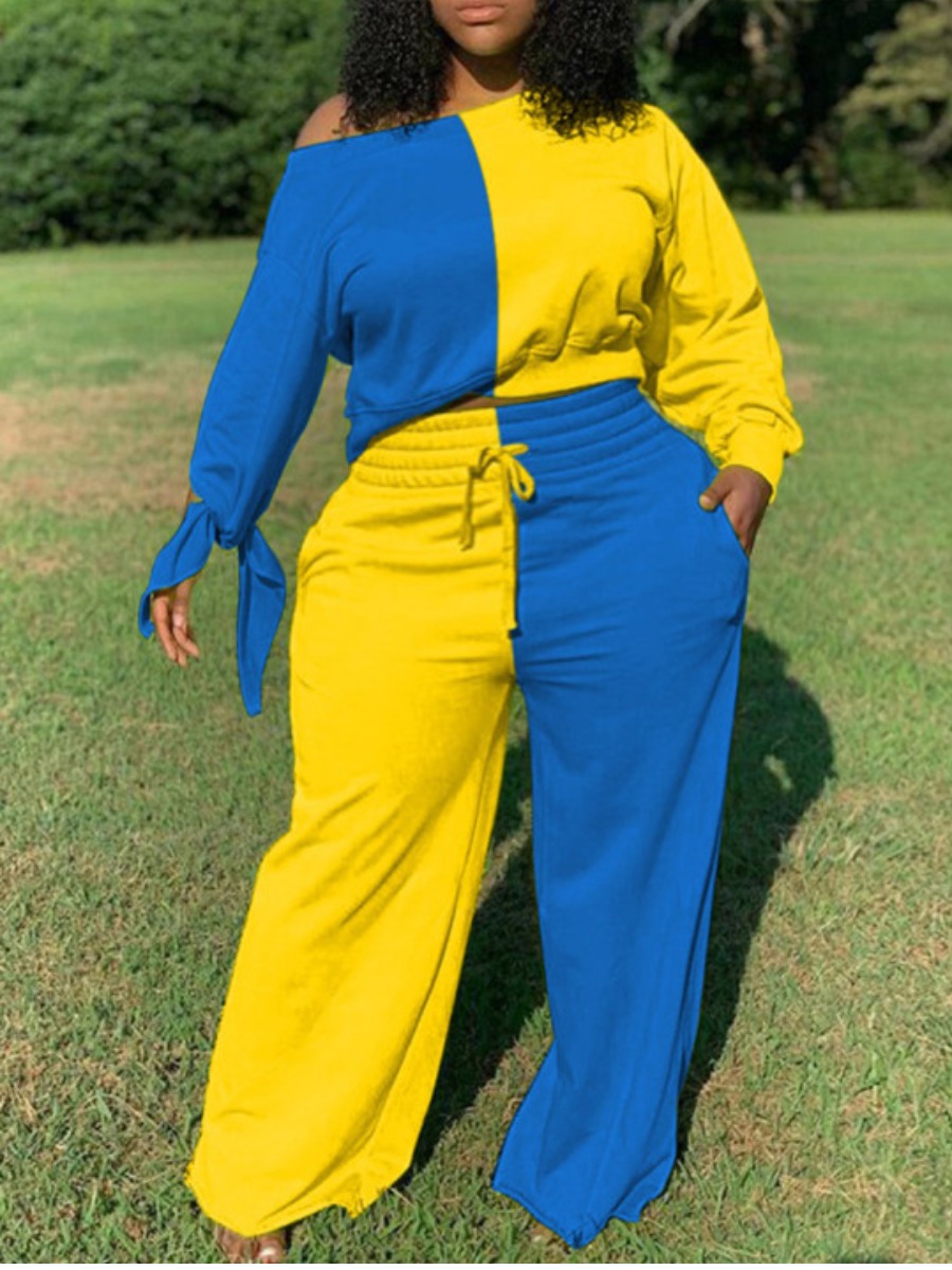 

lovely Casual Patchwork Lace-up Yellow Plus Size Two-piece Pants Set