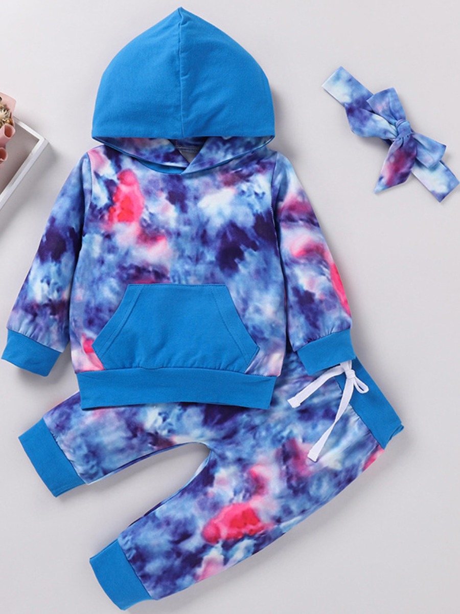 

lovely Sportswear Hooded Collar Tie-dye Blue Boy Two-piece Pants Set