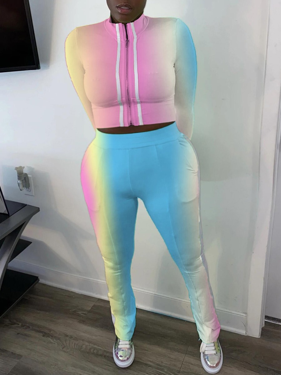 

lovely Stylish Rainbow Gradient Pink Plus Size Two-piece Pants Set