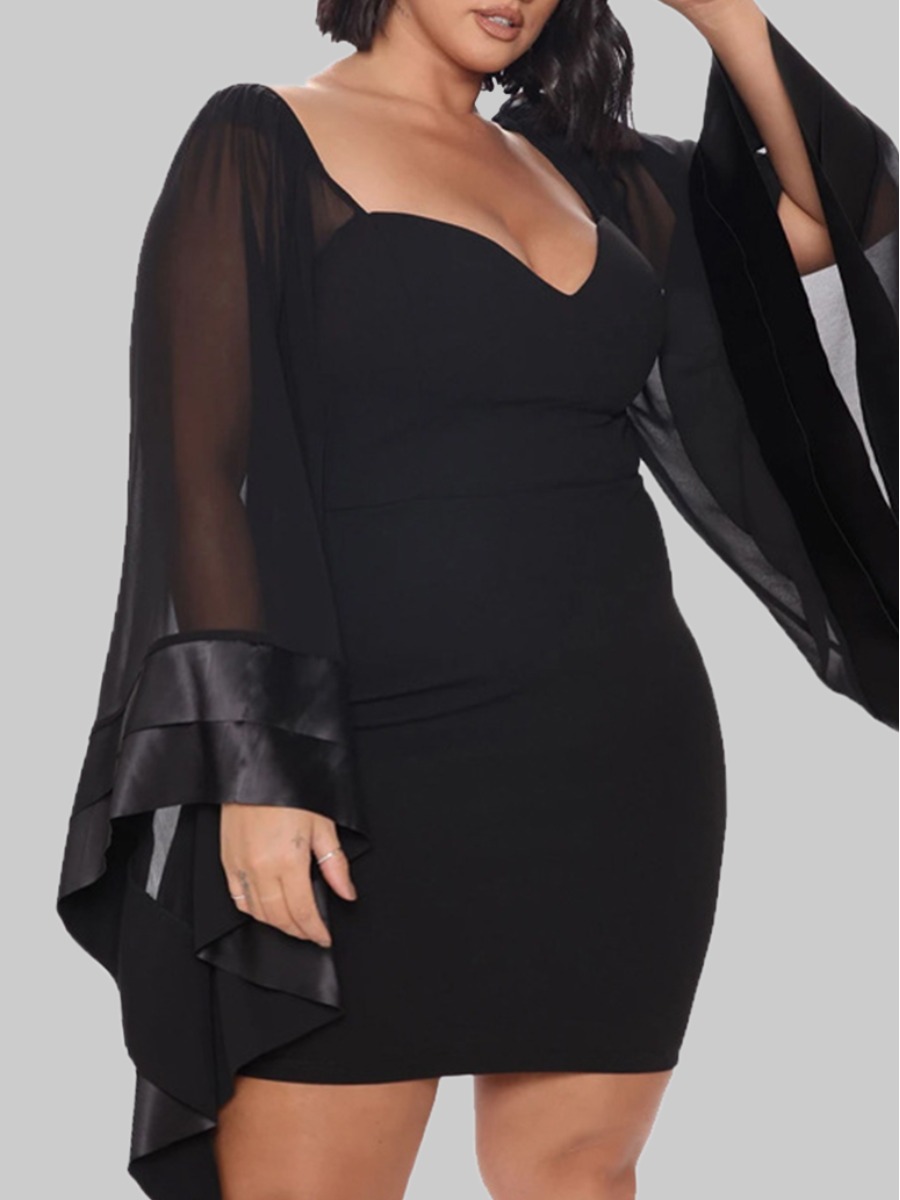 

lovely Sexy Patchwork See-through Black Mini Plus Size Dress