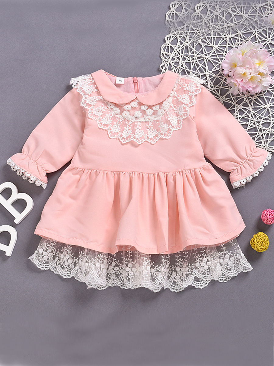 

lovely Sweet Lace Hem Patchwork Pink Girl Knee Length Dress