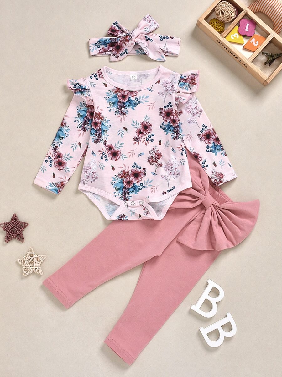 

Lovely Stylish O Neck Floral Print Light Pink Girl Two-piece Pants Set