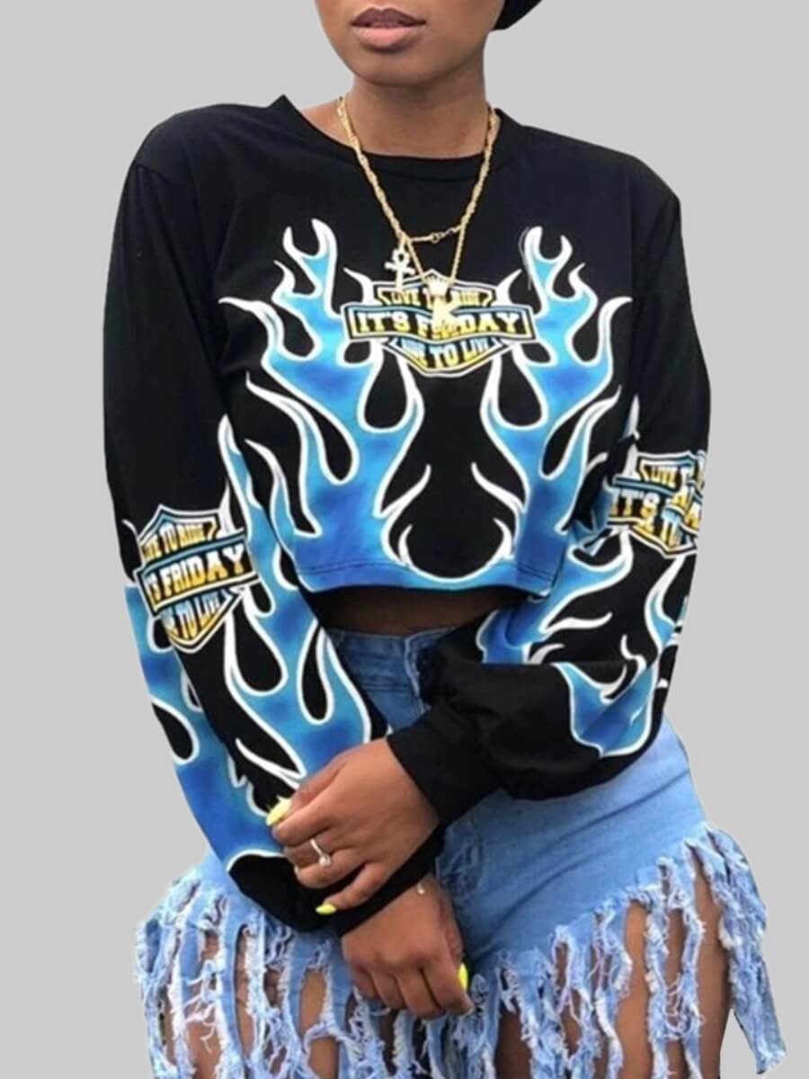 

Lovely Casual O Neck Print Black Hoodie